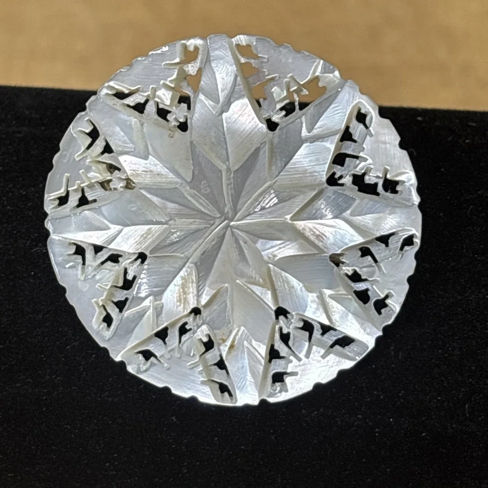 Vintage Hand Carved Mother of Pearl Bethlehem Brooch Starburst Signed Israel Pin